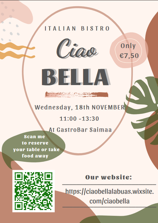 Kuvassa on italian Bistro Ciao Bella pop-up tapahtuman esite. Tapahtuma on pidetty 18.8.