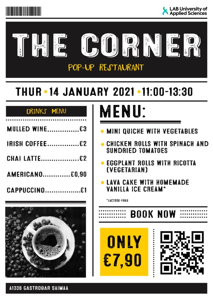 Kuvassa on esite The corner pop-up tapahtumasta. Tapahtuma-aika 14.1.2021.