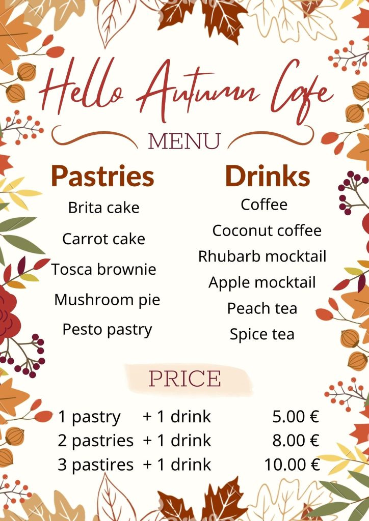 Kuvassa Hello autumn cafe pop-up ravintolan tarjoilun lista.